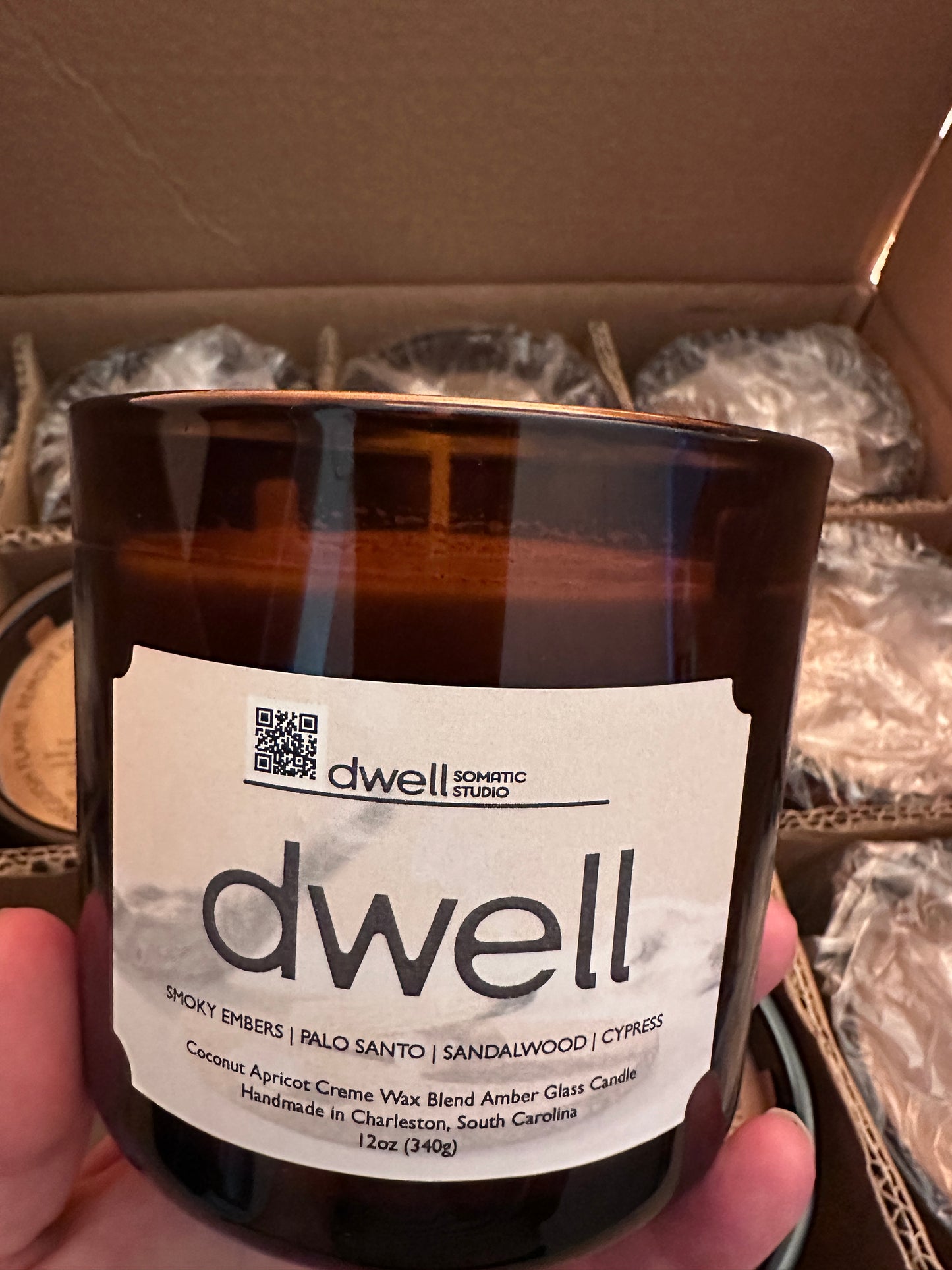Amber Glass Candle- dwell: smoky embers, palo santo, sandalwood, cypress
