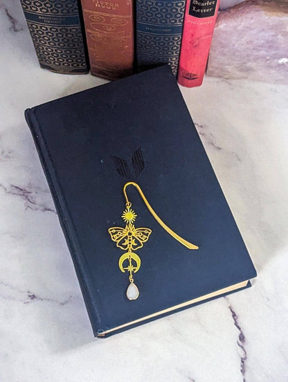 Gold Filigree Moth Bookmark with Moon, Stars & Opal Pendant