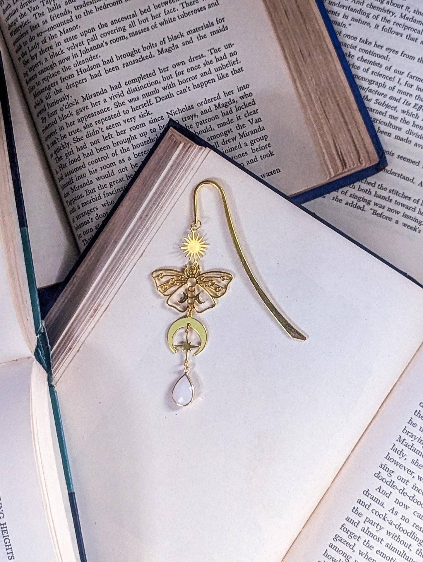 Gold Filigree Moth Bookmark with Moon, Stars & Opal Pendant