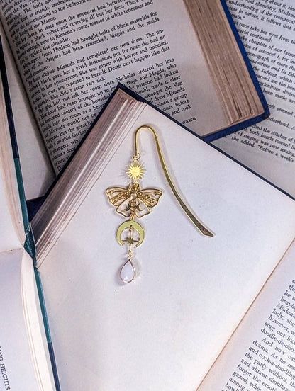 Gold Filigree Moth Bookmark with Moon, Stars & Opal Pendant