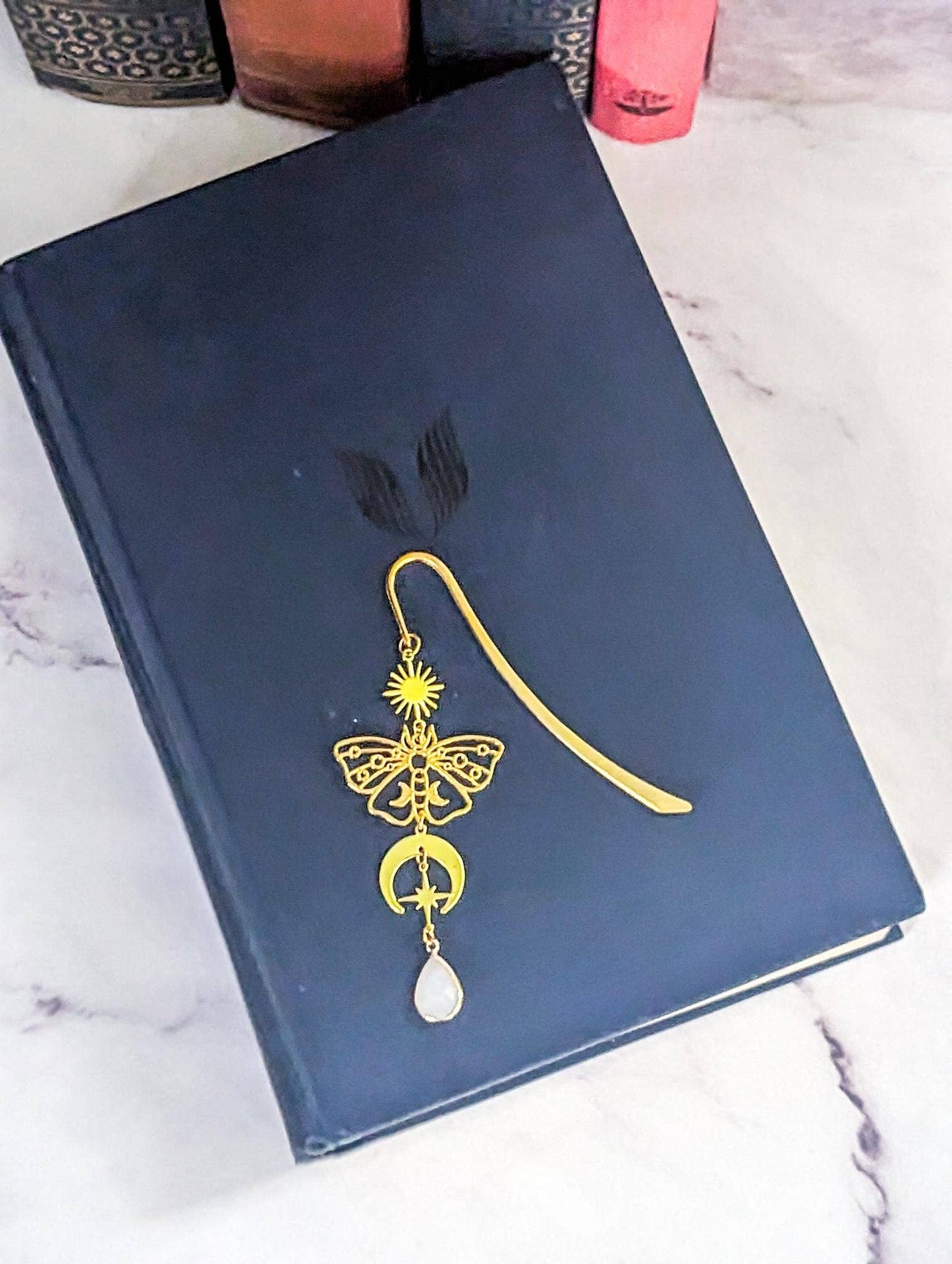 Gold Filigree Moth Bookmark with Moon, Stars & Opal Pendant