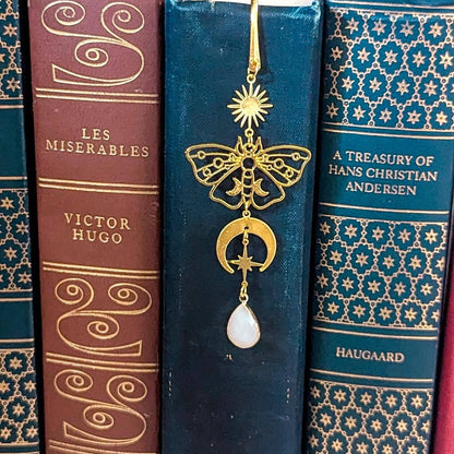 Gold Filigree Moth Bookmark with Moon, Stars & Opal Pendant