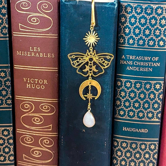 Gold Filigree Moth Bookmark with Moon, Stars & Opal Pendant