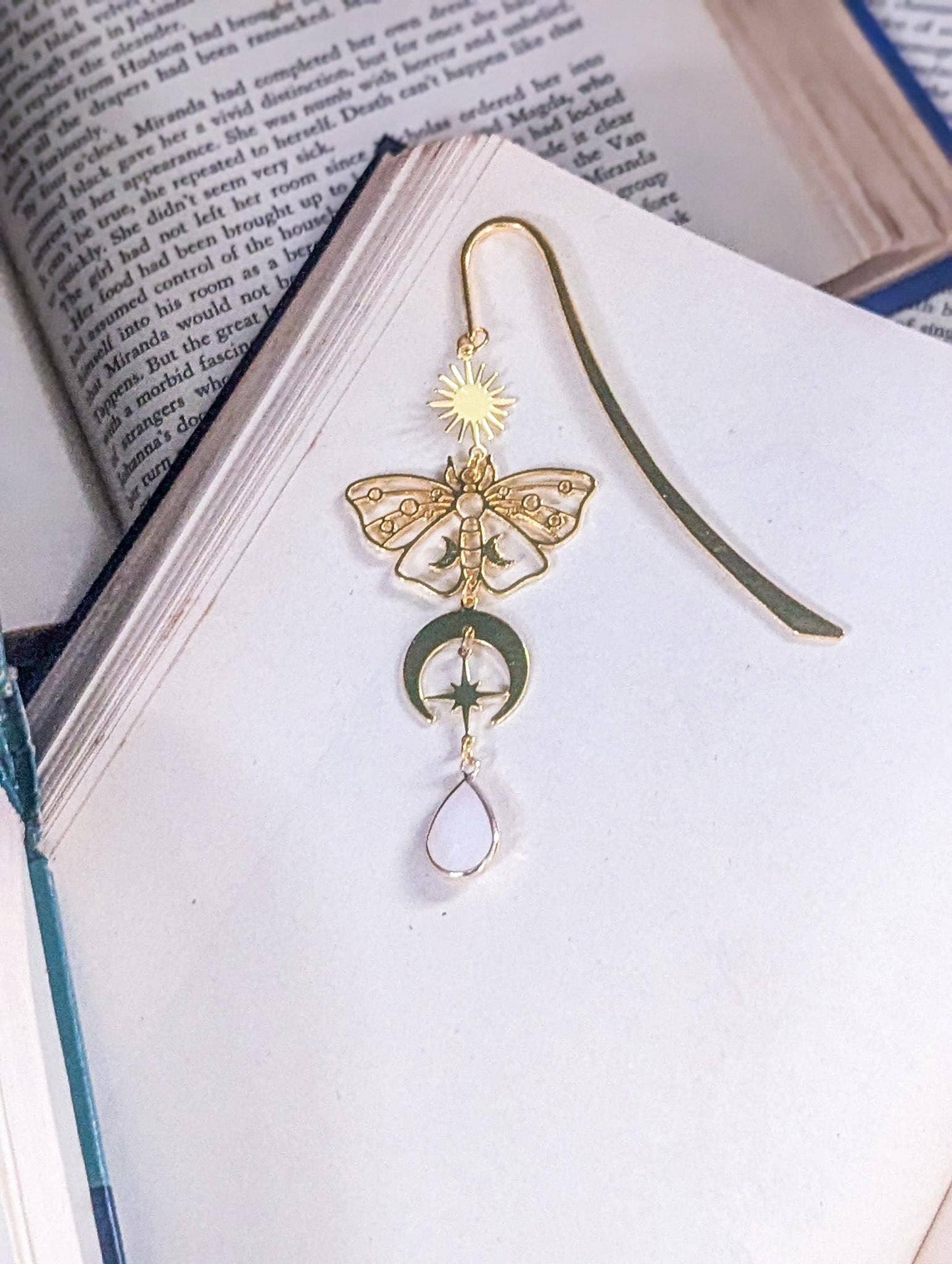 Gold Filigree Moth Bookmark with Moon, Stars & Opal Pendant
