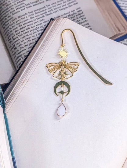 Gold Filigree Moth Bookmark with Moon, Stars & Opal Pendant